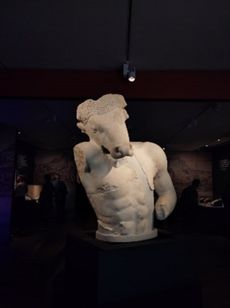 Part of a statuary human bust with a bull's head, taken in 'Labyrinth: Knossos, Myth & Reality' at the Ashmolean Museum