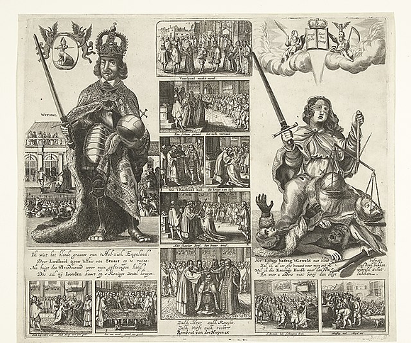 Engraving of a satirical pamphlet showing monarchy and justice. 