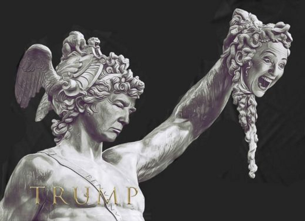 Black and white drawing representing Donald Trump as the Greek hero Perseus, holding the head of the Medusa, with the face of Hilary Clinton. 