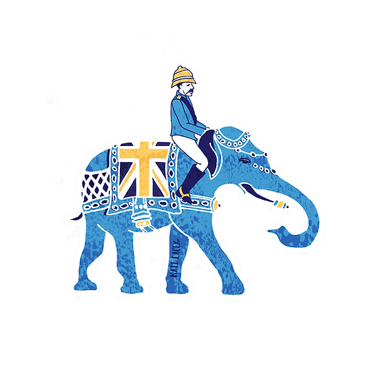 Drawing of a man sat on an elephant with a flag of the UK on its back