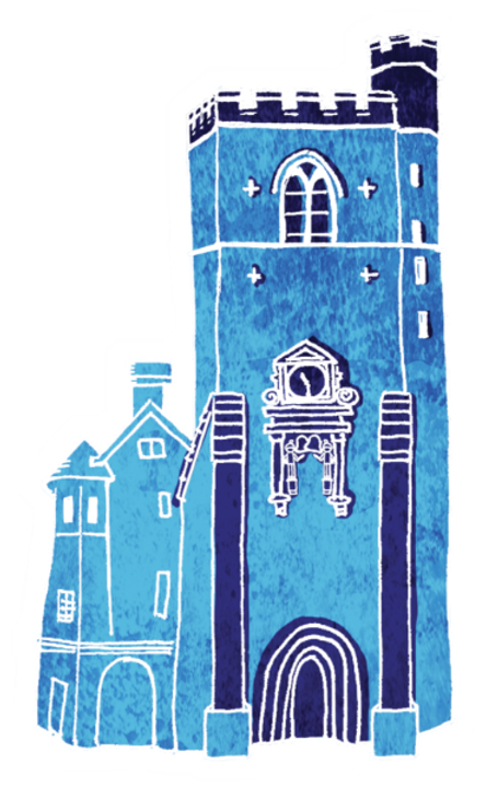 Drawing of a medieval tower with blue hues.
