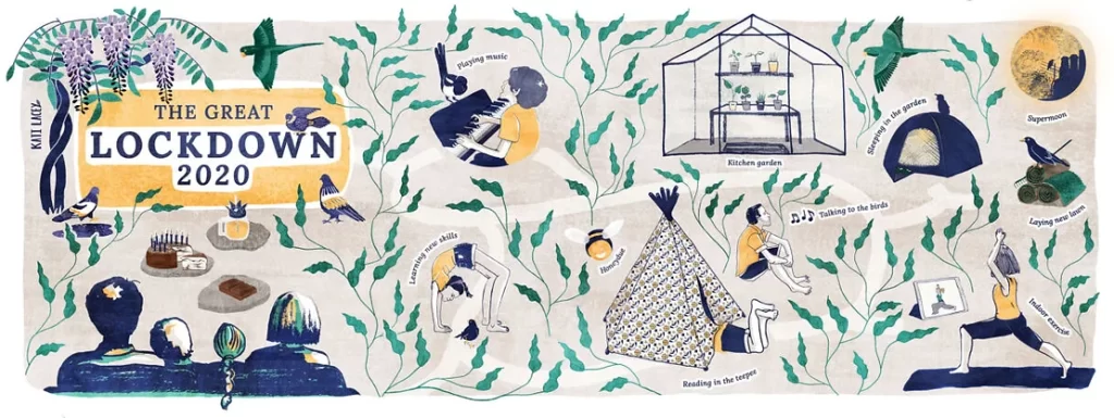 Banner showing the back of the heads of a family watching different scenes of outdoor and indoor activities related to lockdown, such as yoga, playing music, and garden camping.