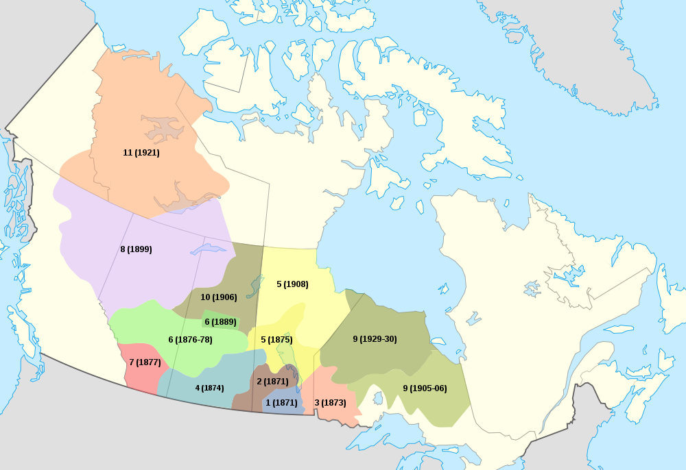 Coloured map of Canada with dates