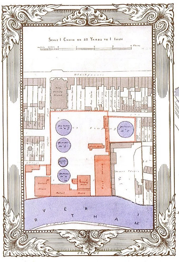 Ancient hand-drawn city plan of a neighbourhood. 