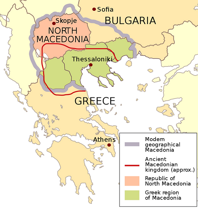 Map of Greece and the Southern Balkans outlining modern and ancient territorial claims. 