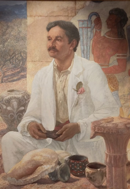 Painting of Sir Arthur Evans sat in front of pottery and ancient mediterranean art. 