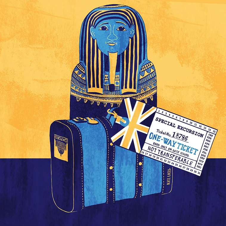 Drawing of a sarcophagus with a suitcase next to it and a return ticket.