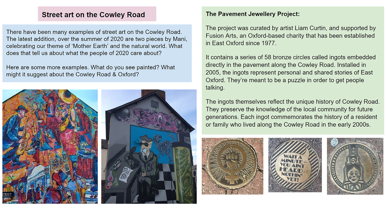 Lesson plan slide showing text and photogrpahs of sites with street art (paintings and metalwork).