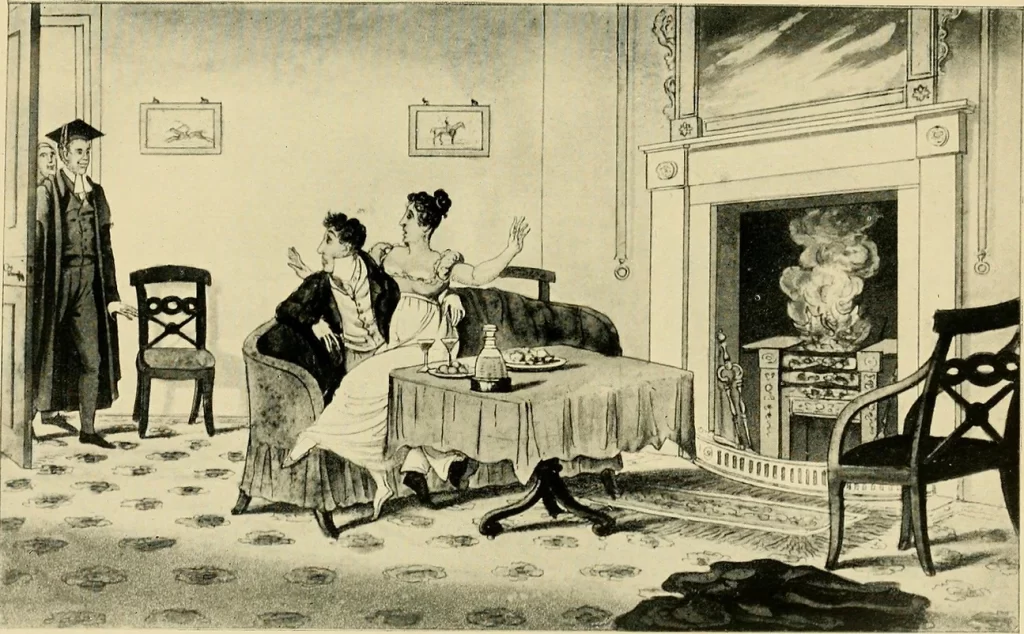 Cartoon drawing showing a man in academic robe entering a salon in which a couple is sitting together, an example of policing women.