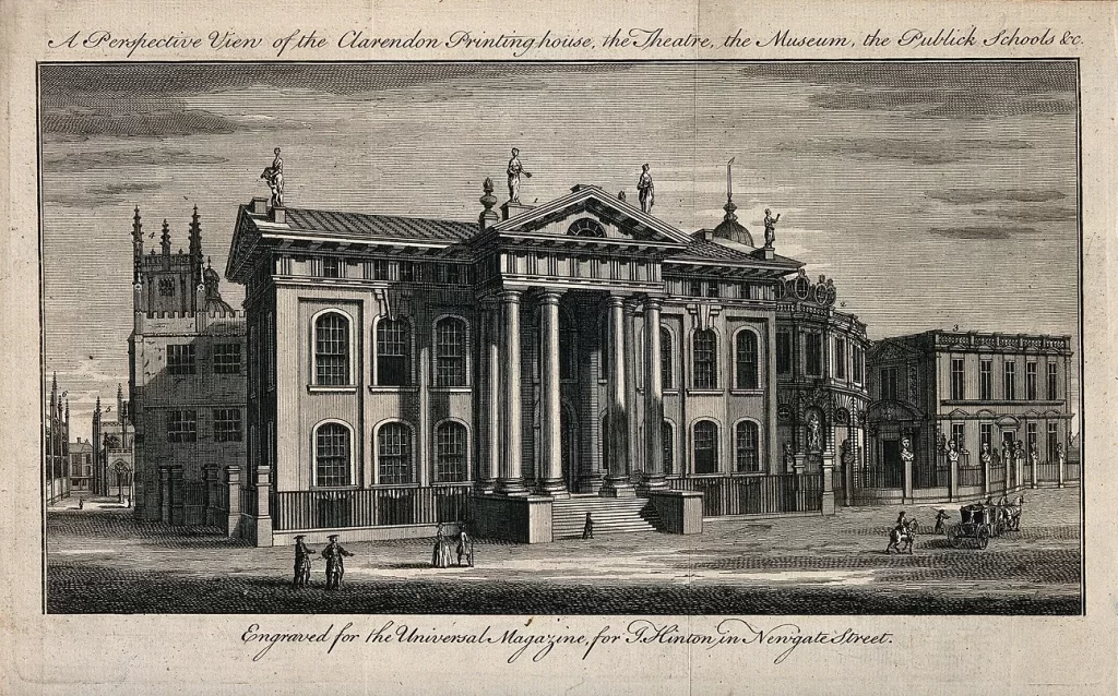 Lithograph image of an old building with columns and a neoclassical style, where women were jailed for presumed sex work.