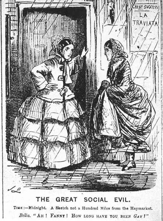 Lithograph drawing of two women in nineteenth century dresses talking on the street by a doorframe, an example of society policing women.
