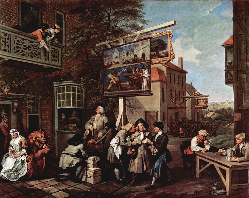 Painting showing a street view in an small town, with groups of people conferring together. 
