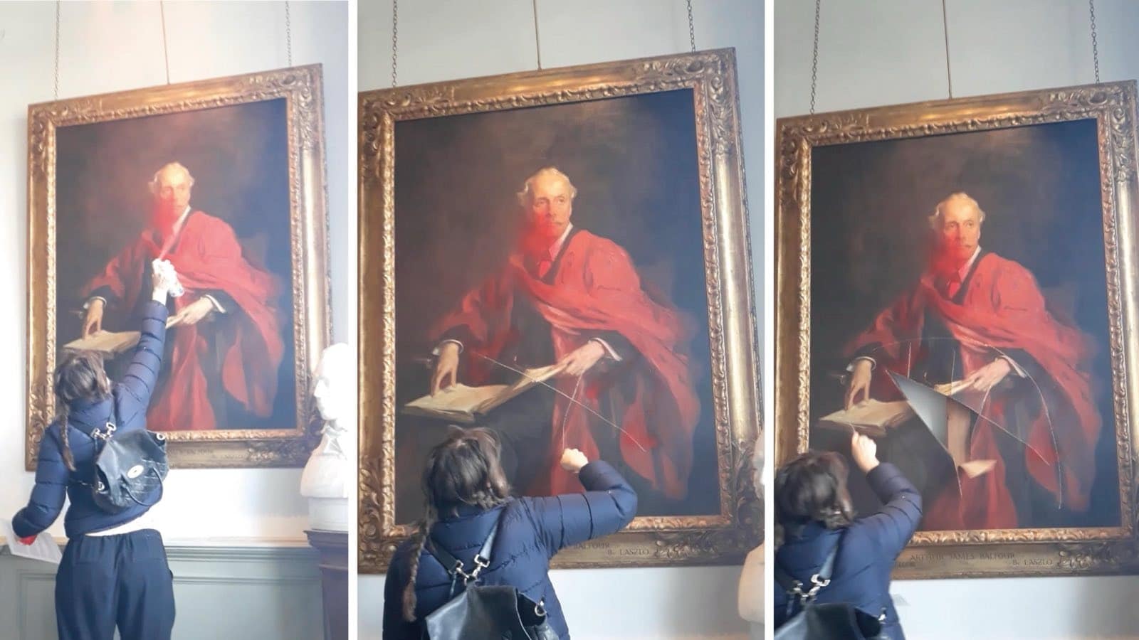 Three images of an unnamed activist from Palestine Action attacking Balfour's portrait in Trinity College, Cambridge.