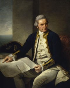 A portrait of James Cook, dressed in a formal blue and gold coat pointing to a map.